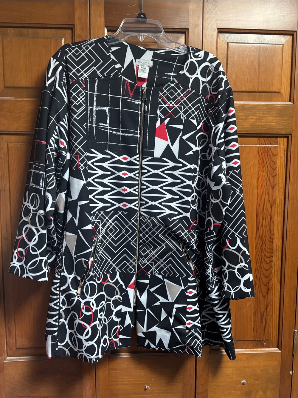 Multiples Black Geometric-Print Zip-Front Jacket with White & Red Accents